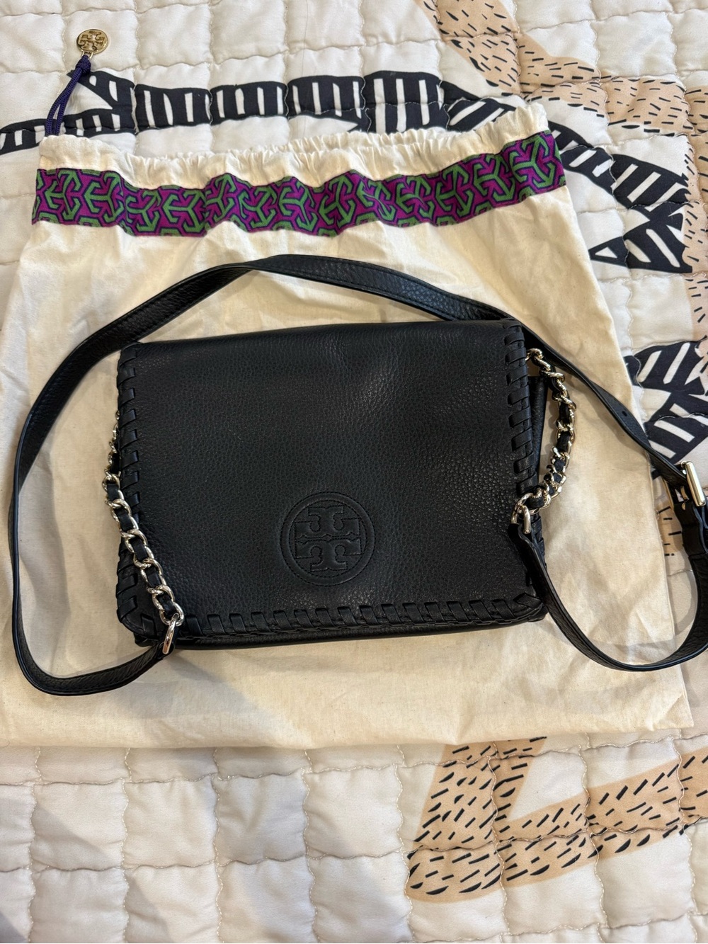 Tory Burch Black Leather Whipstitch Crossbody with Chain Strap